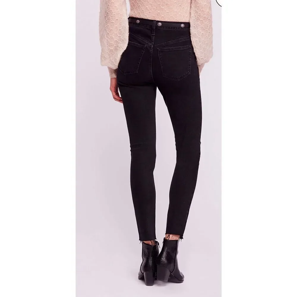 Free People Womens Fringe Hem Solid Cotton Blend Skinny Jeans Black‎ Size 26 NWT